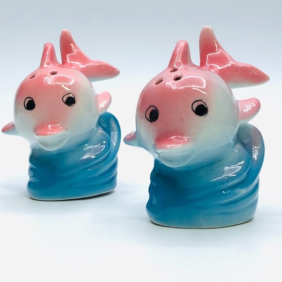 Vintage 60s Pink Dolphin Salt Pepper Shakers: Mid-Century Kitsch Tropical Pastel - Picture 2 of 10